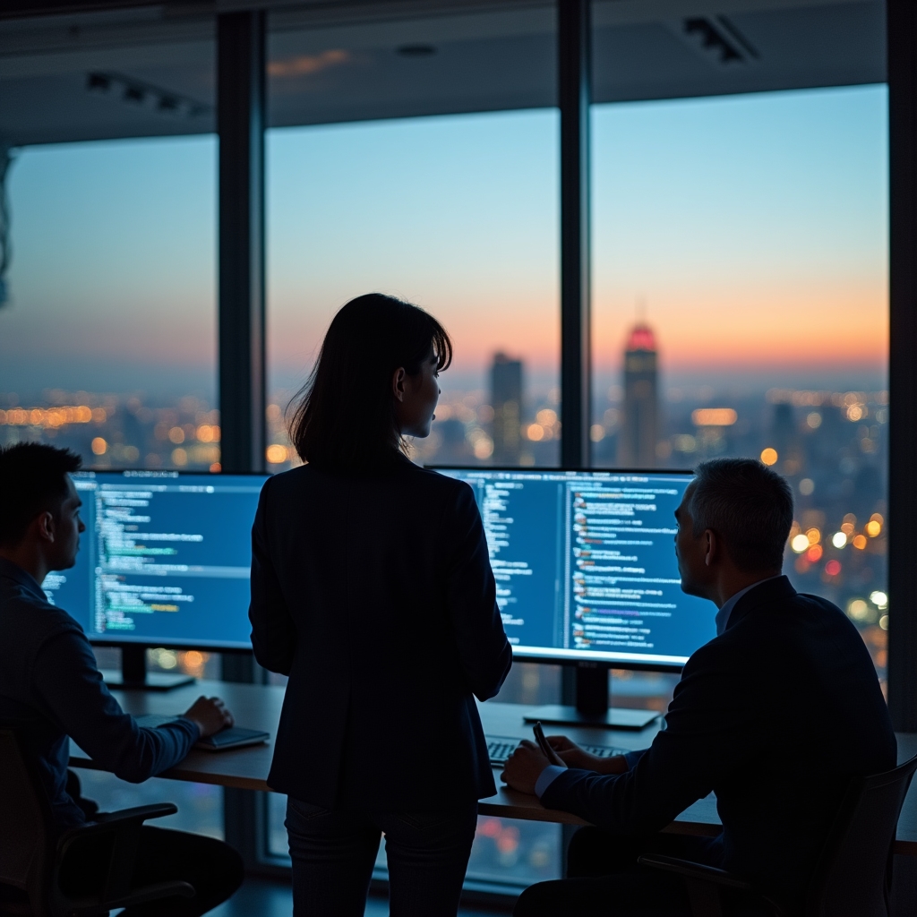 Engineering team reviewing AI-generated code on large screens in a modern glass office