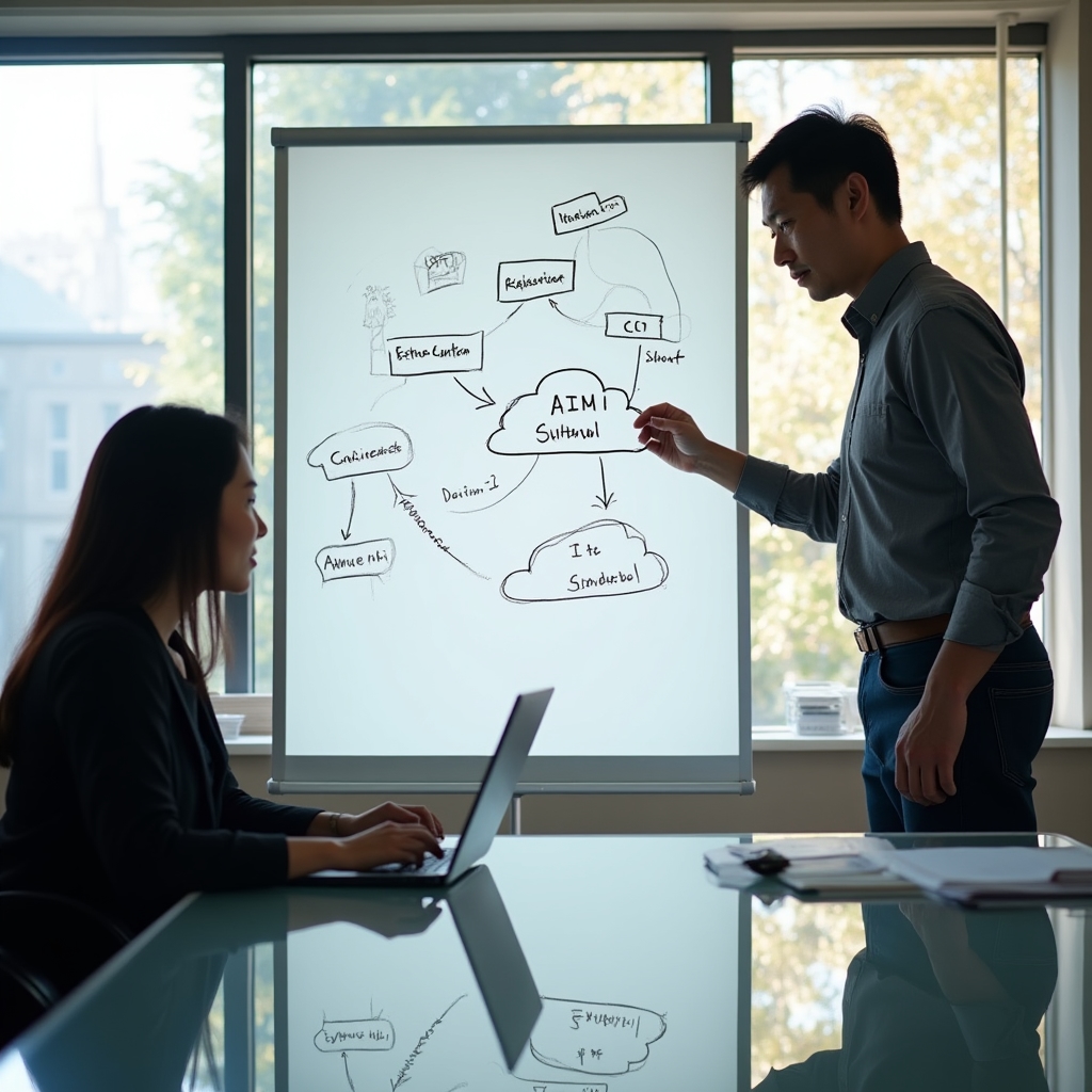 Consultant and engineering lead reviewing an AI integration diagram on a whiteboard in a bright modern office