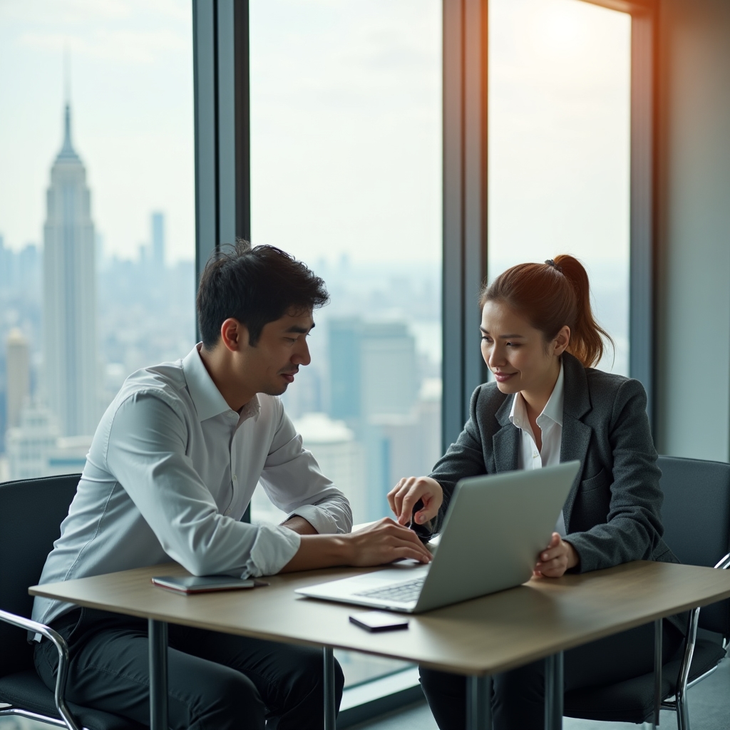 Two technical leads in focused discussion over a laptop in a modern glass-walled conference room, afternoon light, professional setting
