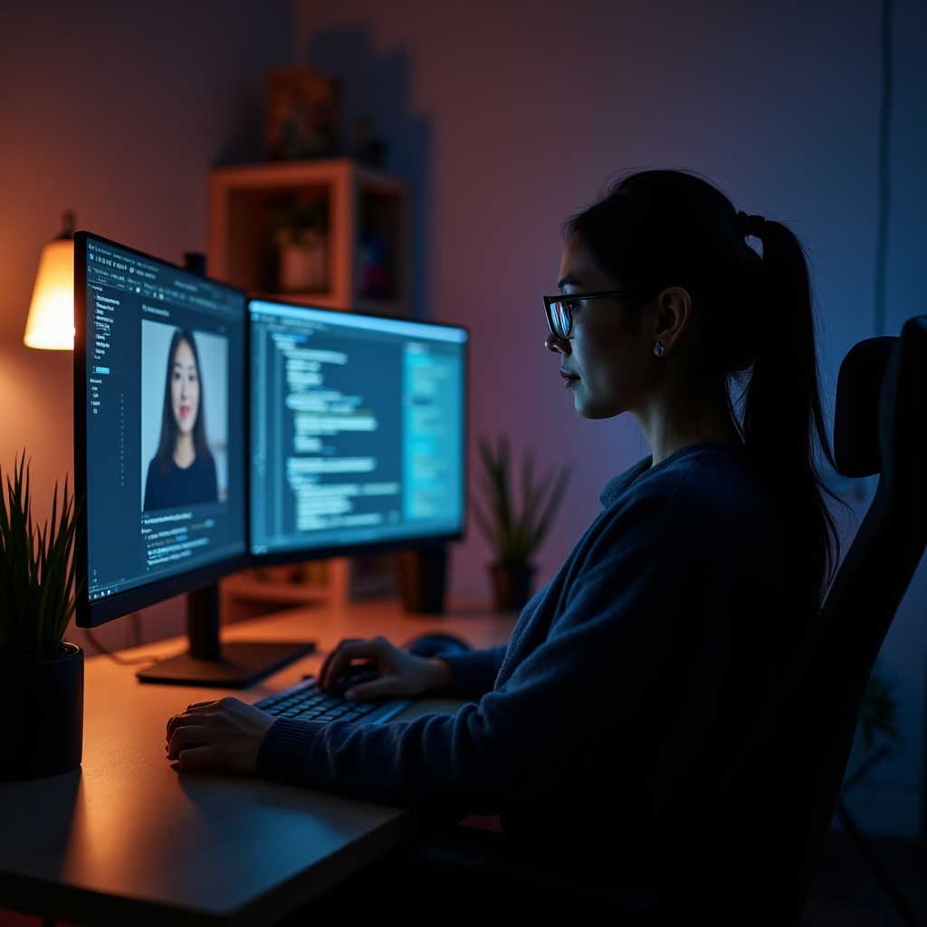 Split-screen view of a remote consulting session with a consultant on one screen and a code review interface on another, warm office lighting